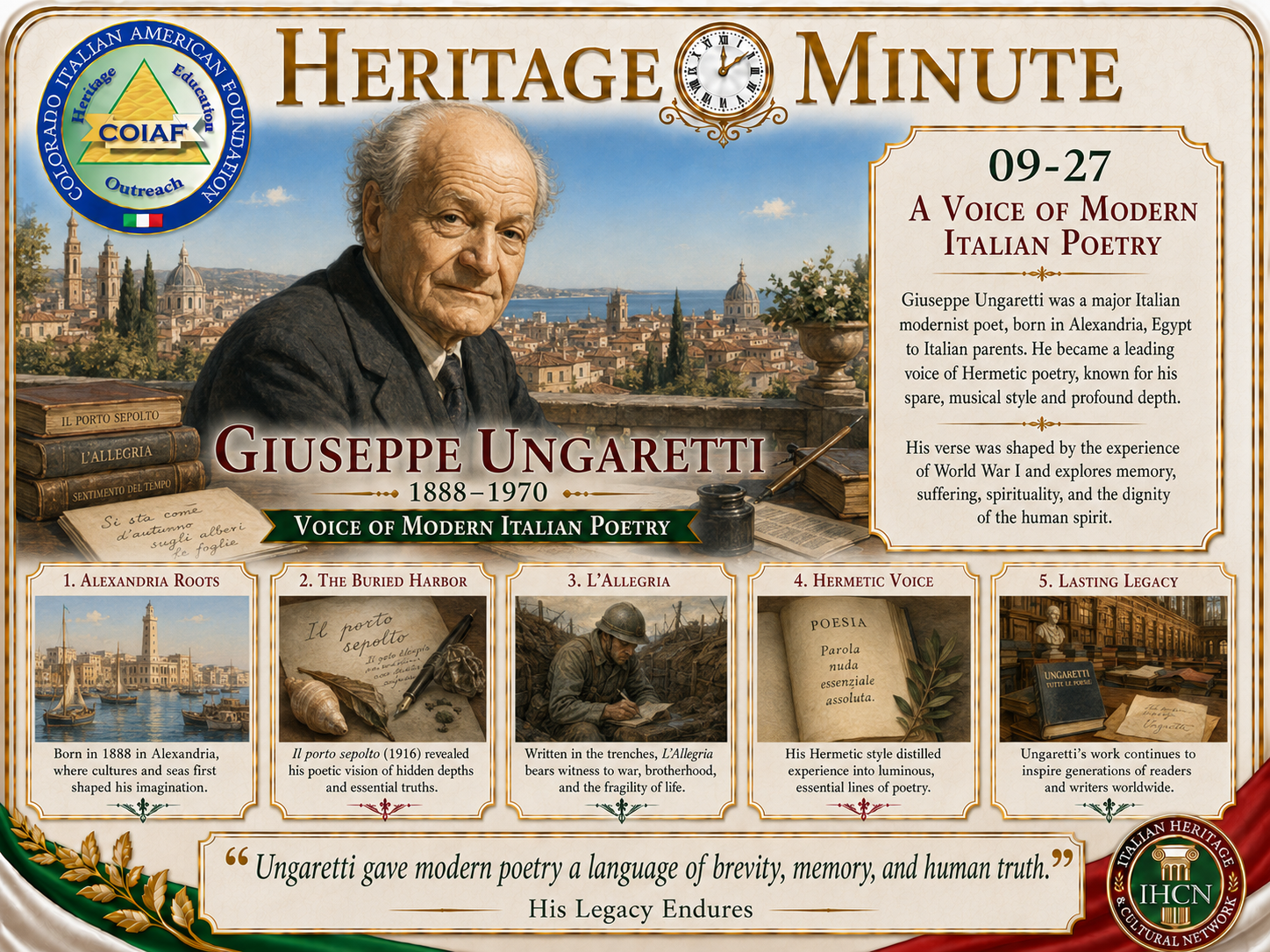 September 27 Heritage Minute honoring Giuseppe Ungaretti, Italian poet and major voice of modern Italian literature