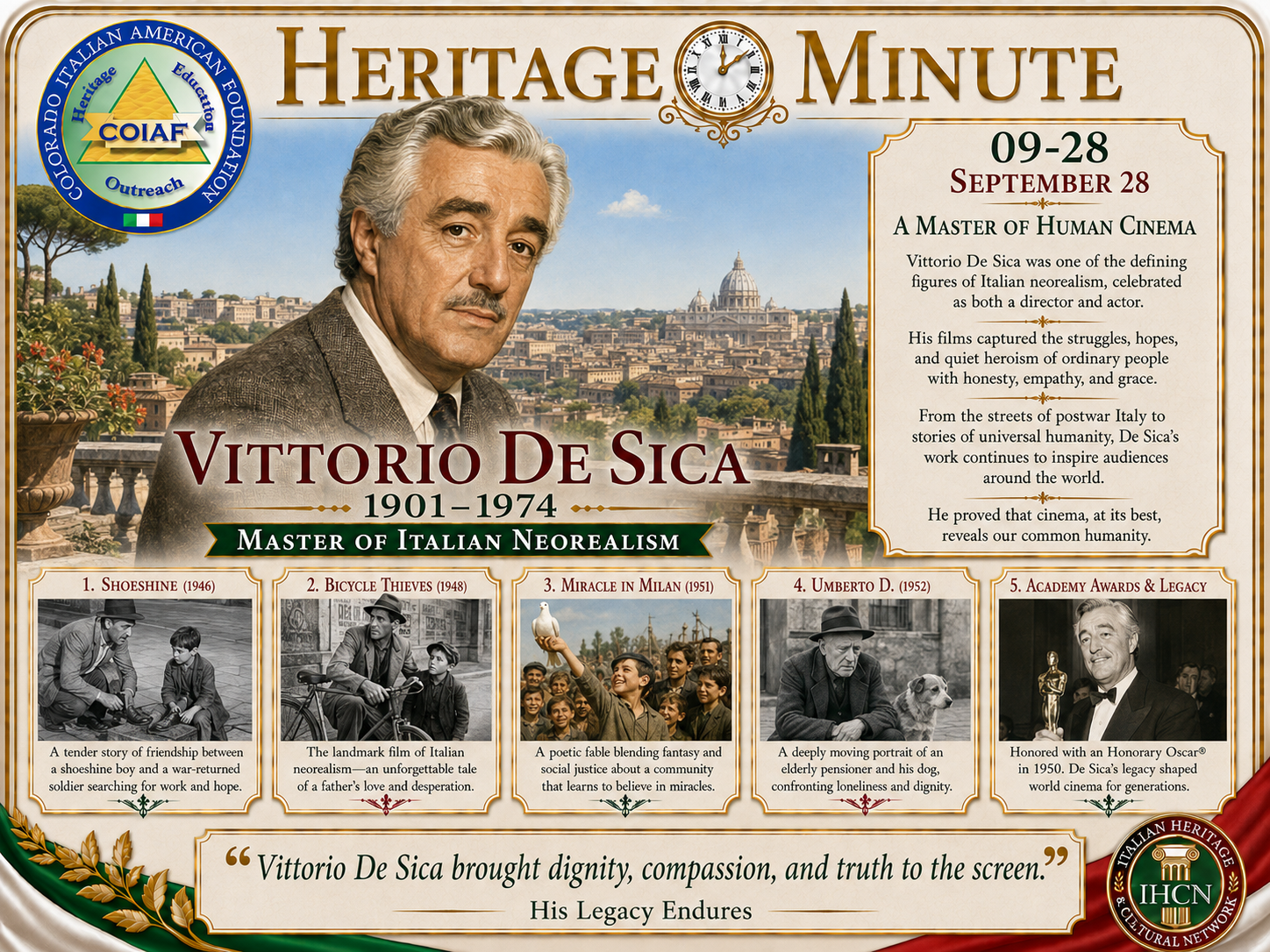 September 28 Heritage Minute honoring Vittorio De Sica, Italian director, actor, and master of Italian neorealism