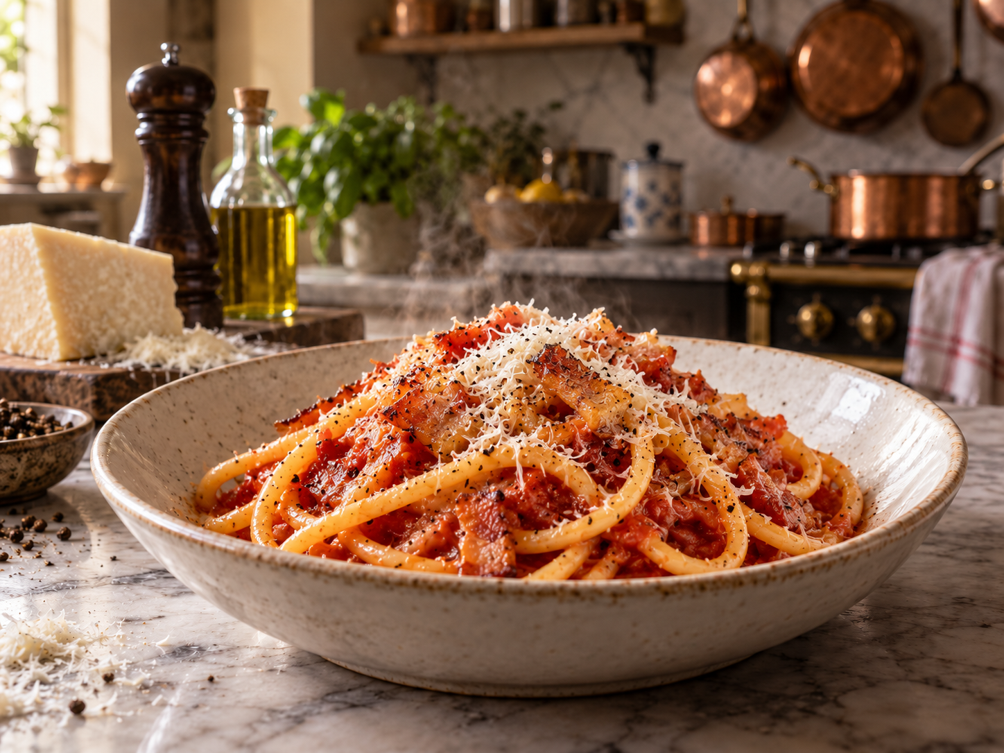 Bucatini all'Amatriciana with tomato, guanciale, and Pecorino Romano