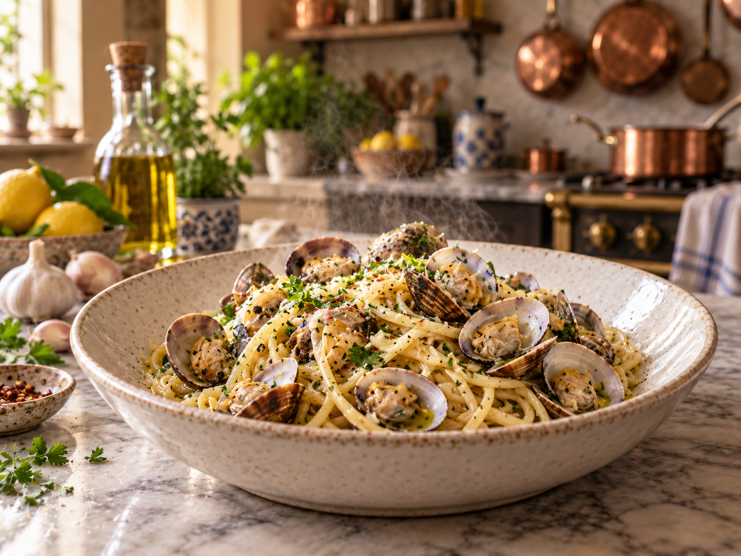 Spaghetti alle Vongole with fresh clams, garlic, parsley, and olive oil