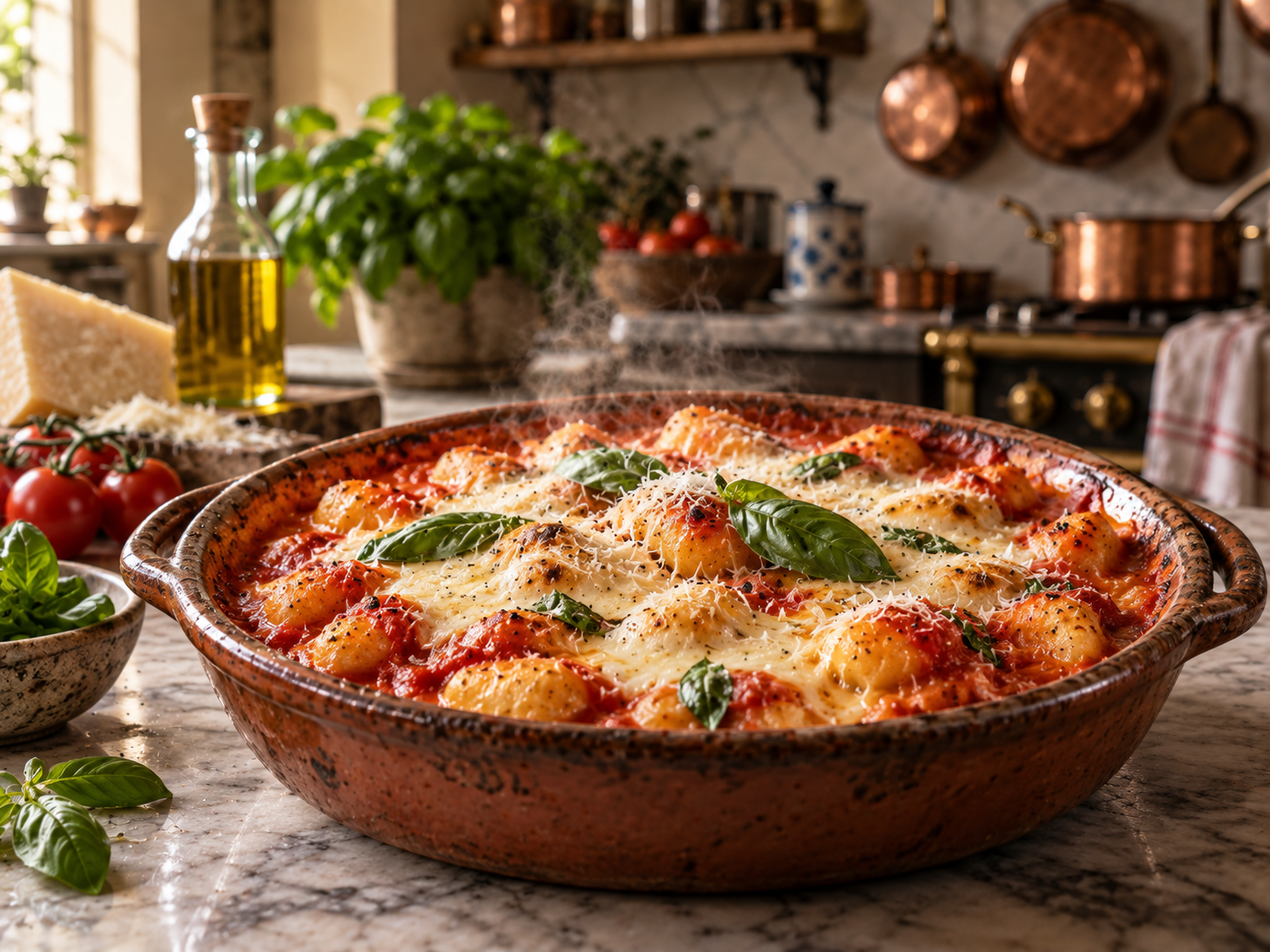Gnocchi alla Sorrentina with tomato, mozzarella, Parmigiano, and basil