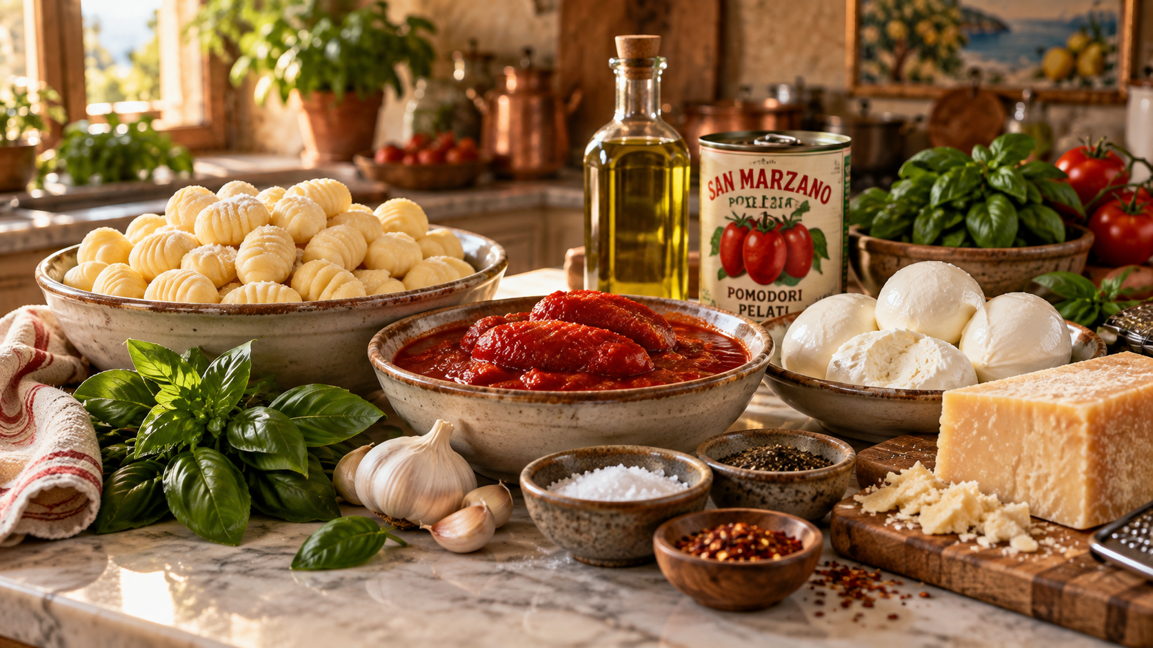 Gnocchi alla Sorrentina ingredients arranged in a warm Italian kitchen