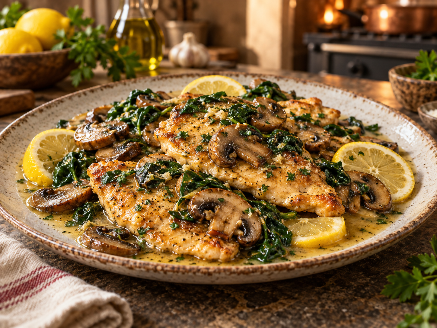 Chicken Piccata with mushrooms and spinach in a glossy lemon sauce