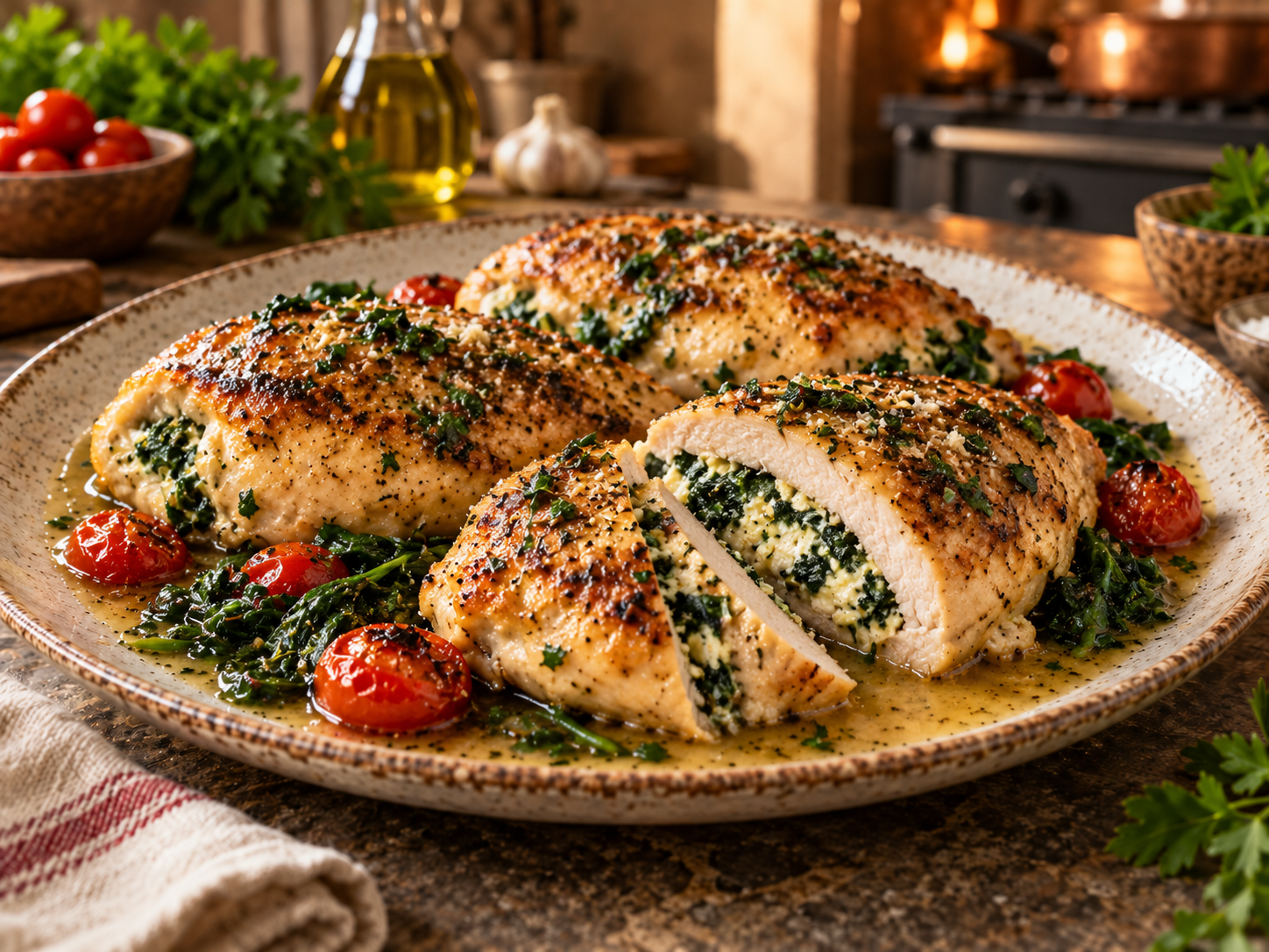 Spinach ricotta stuffed chicken breasts with herbs and roasted tomatoes