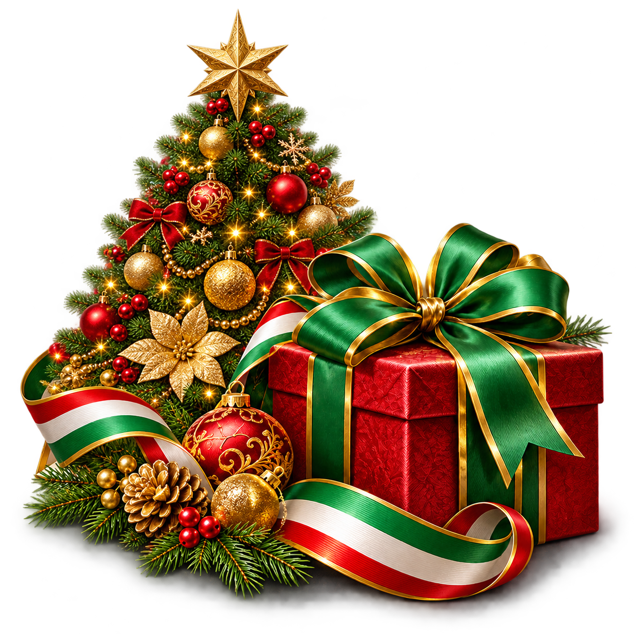 Christmas tree and holiday gift with Italian tricolor ribbon